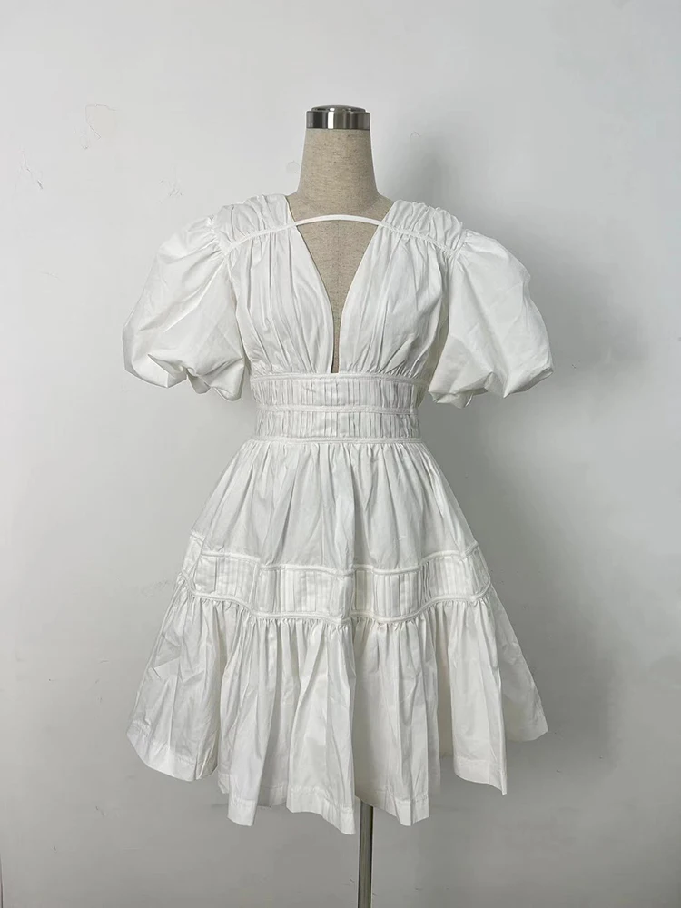 VGH Solid Folds Casual A Line Short Dreses For Women Deep V Neck Puff Sleeve High Waist Minimalist Slimming Dress Female Style