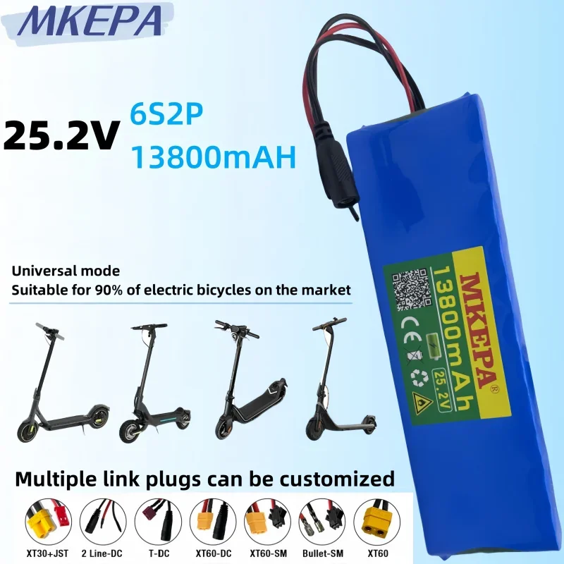 24V 13800mAh 6S2P 18650 Lithium Battery Pack 25.2V 13800mAh With BMS For Electric Bicycle Moped + 2A Batteries Charger