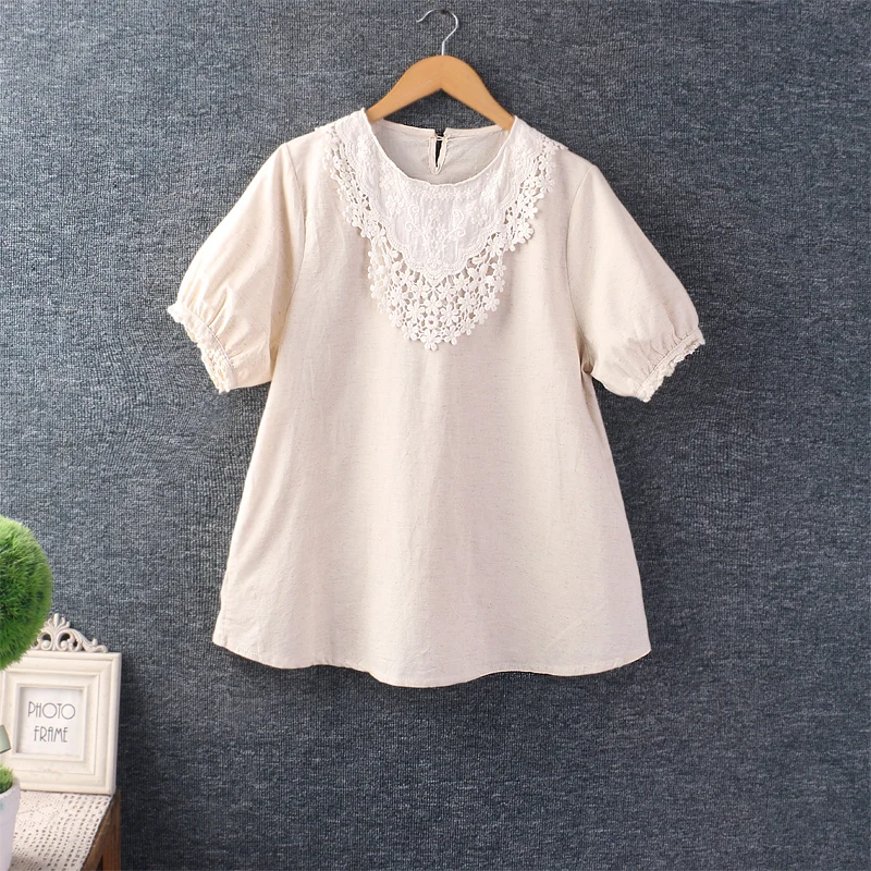 

Women Summer New Sweet Mori Girl Embroidery Shirts Japan Style O-Neck Short Sleeve Solid Color Casual Loose Blouse Tops