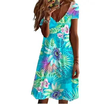 Plus Size 1XL-5XL Dámské letní šaty s potiskem, výstřihem do V, módní krátké rukávy, plážové a prázdninové šaty střední délky 8 nejlepší prodej AliExpress Plus - №6