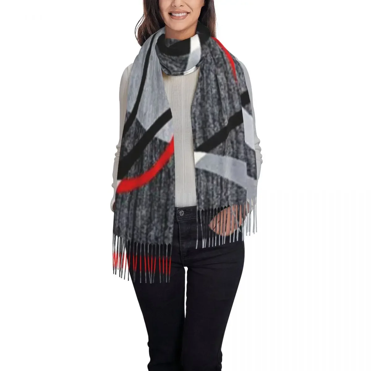 Modern Abstract Gray Red Swirls Scarf Wrap for Women Long Winter Fall Warm Tassel Shawl Unisex Geometric Pattern Scarves