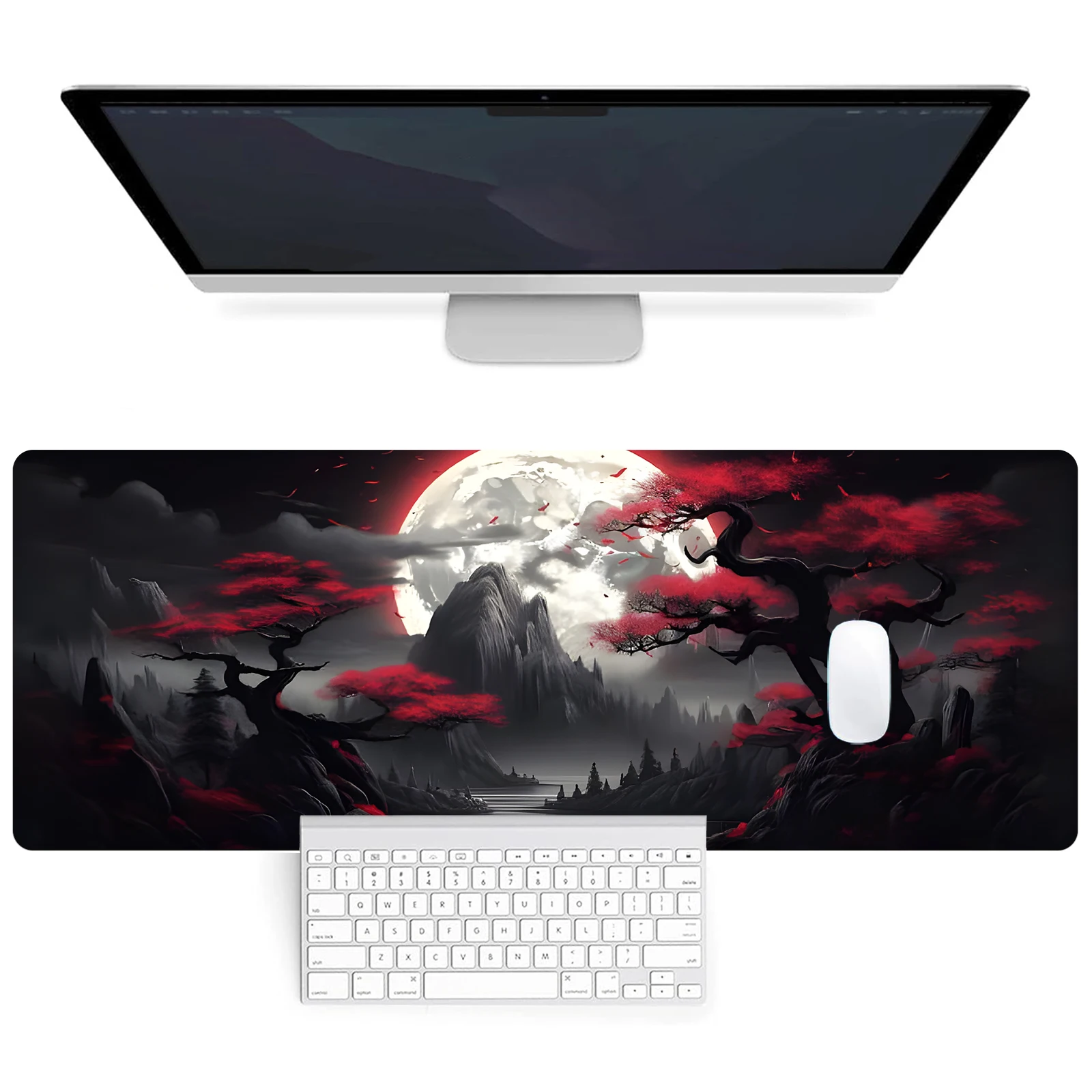 Ink Style Landscape Mountains Extended Gaming Mouse Pad - Large Non-Slip Rubber Base Mouse Pad with Stitched Edges and Washable