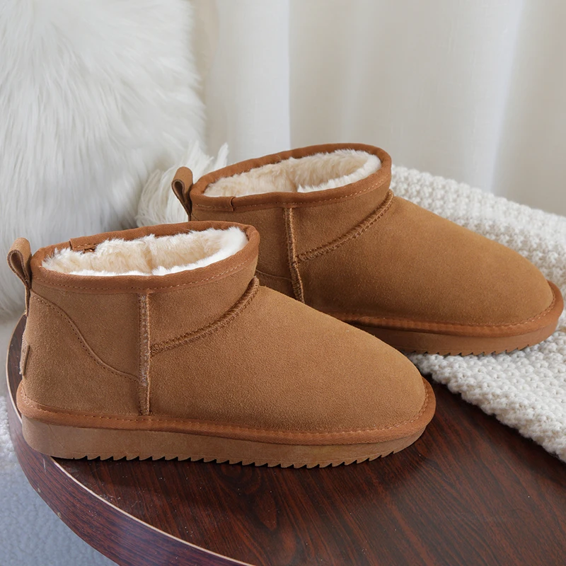 Women\'s Cow Suede Leather Snow boots Plush lined Warm Mini Anti-slip outdoor Female Ankle Boots