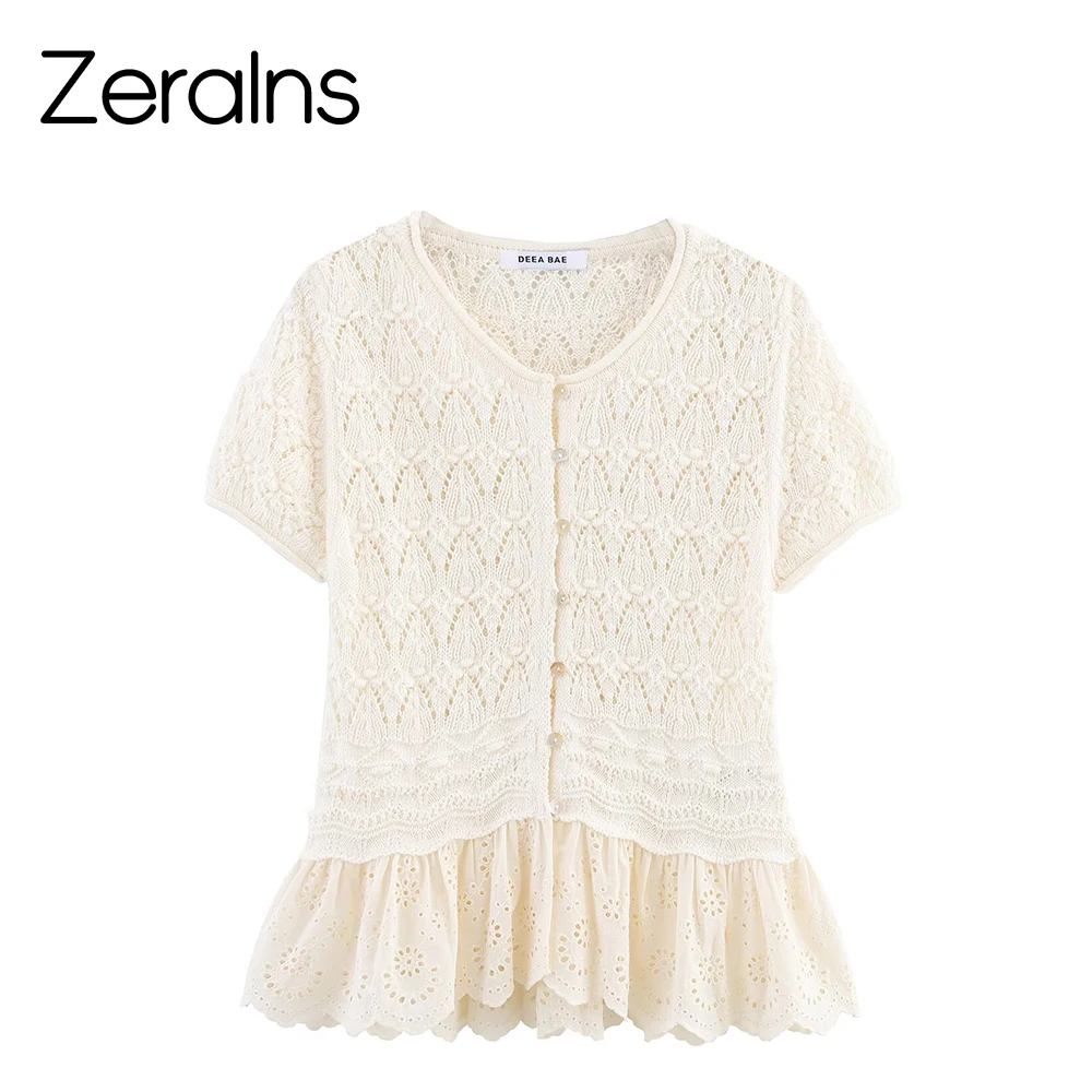 

ZERAINS Summer new versatile slim fit round neck hollow knit sweater with ruffle edge short sleeved top