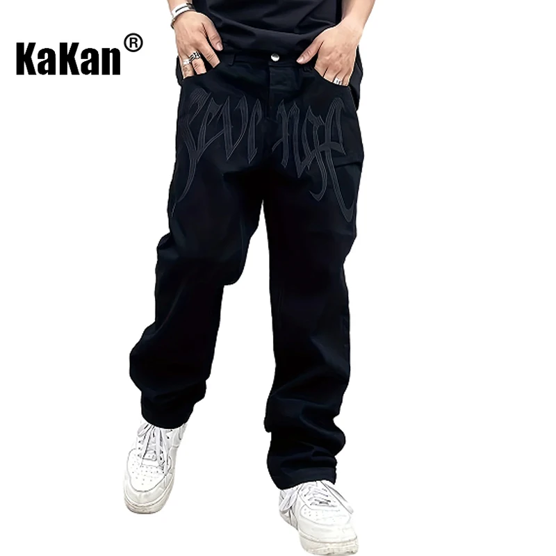 

Kakan - New Men's Retro Embroidered Letter Jeans, Y2k Clothes Hip Hop Loose Black Long Jeans Jeans Man Brand
