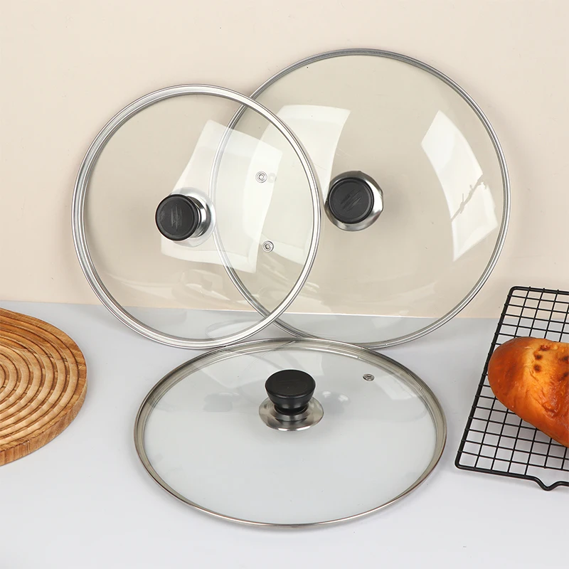 Household Pot Cover Tempered Glass Pot Lid Stainless Steel Rimmed Pan Lid Spill Shatter-Proof Round Chef Glass Cover