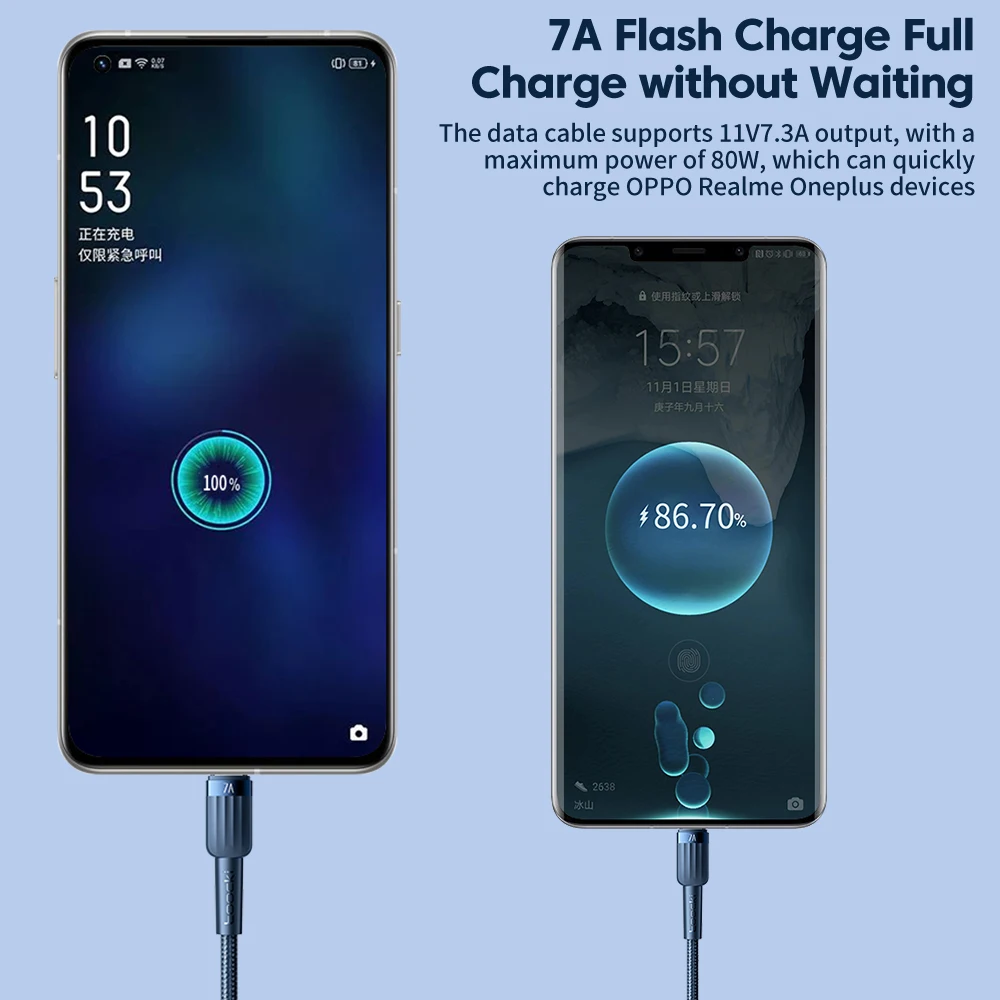Toocki 7A USB نوع C كابل لهواوي الشرف 100W/66W شاحن سريع شحن نوع-C USB-C كابل 3M ل Xiaomi بوكو Oneplus سامسونج