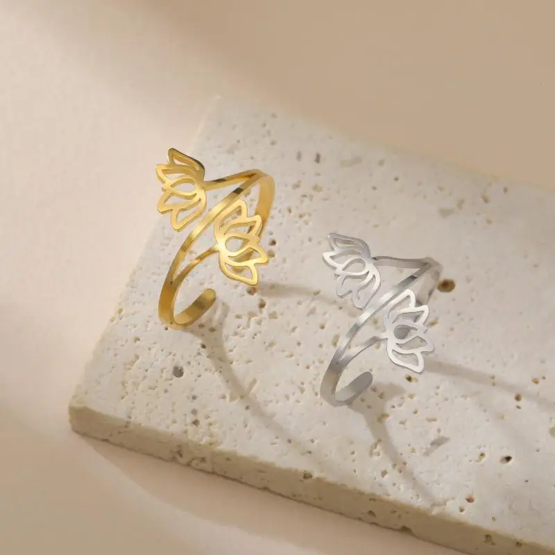 Fashion Lotus Flower Open Rings Women Stainless Steel Gold Color: Adjustable Finger Ring Buddhism Jewelry