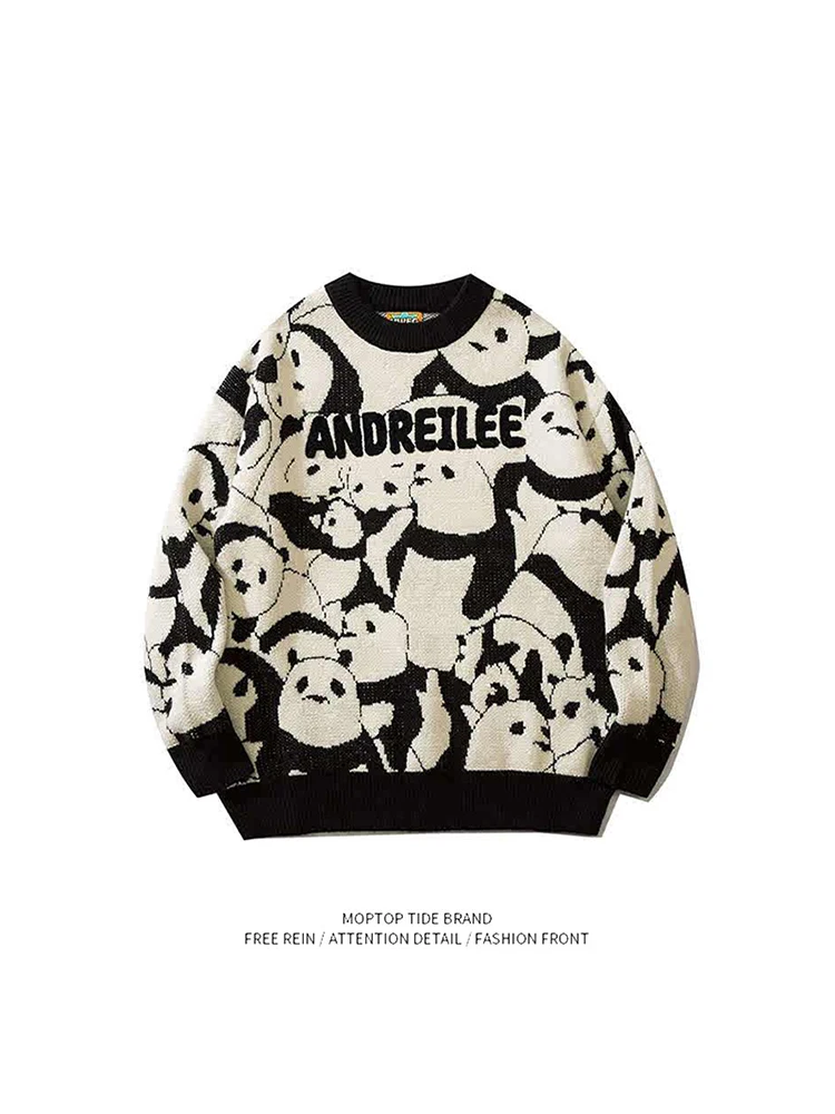 

Retro Panda Knitted round Ne Sweater Loose Fit ex Lazy Sle Couple's Knitwear Casual Youthful Autumn Long Sve
