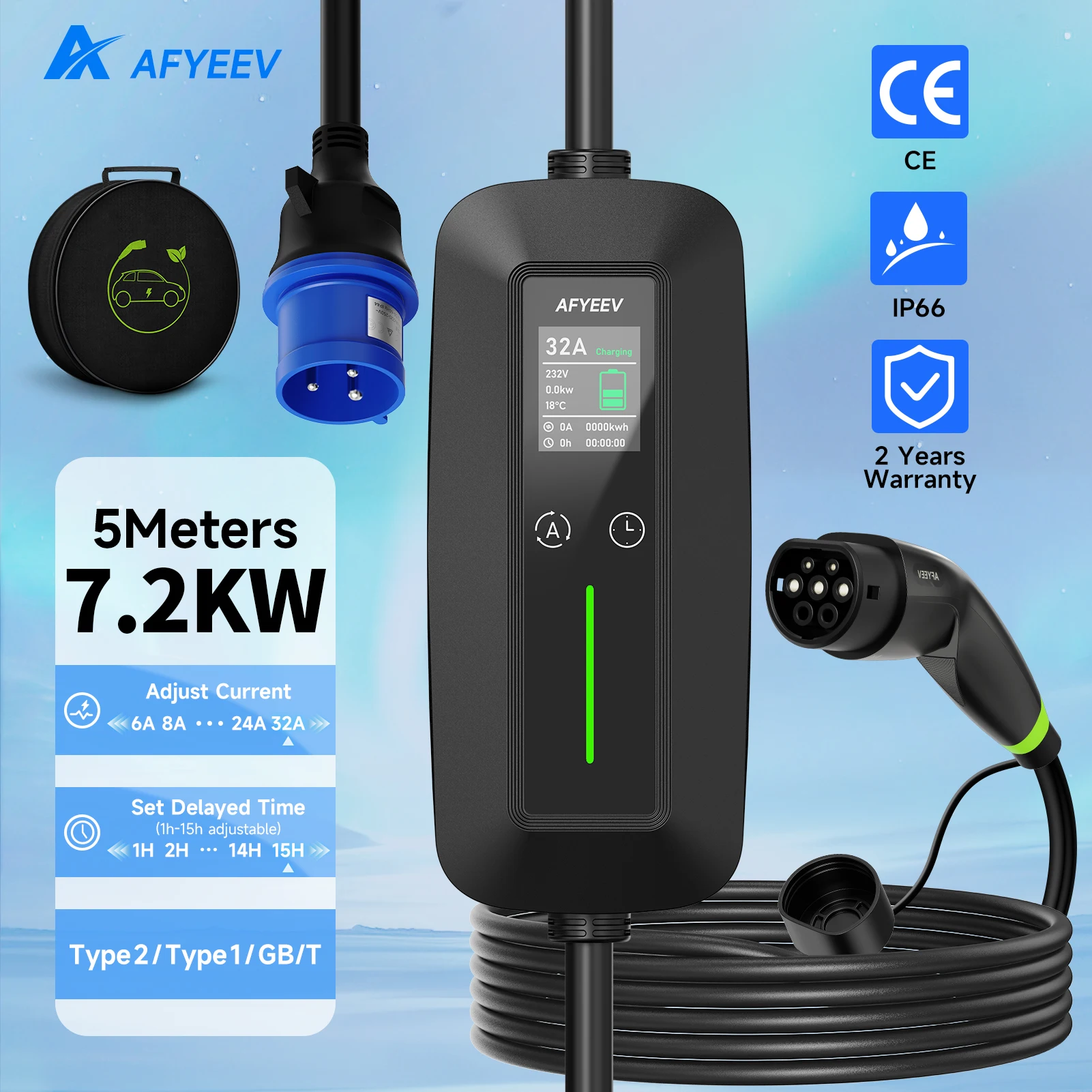 AFYEEV Type 2 Portable EV Charger 7.2KW 32A 1Phase Wallbox Type1 Electric Vehicle Charger GB/T EVSE Charging Cable CEE Plug