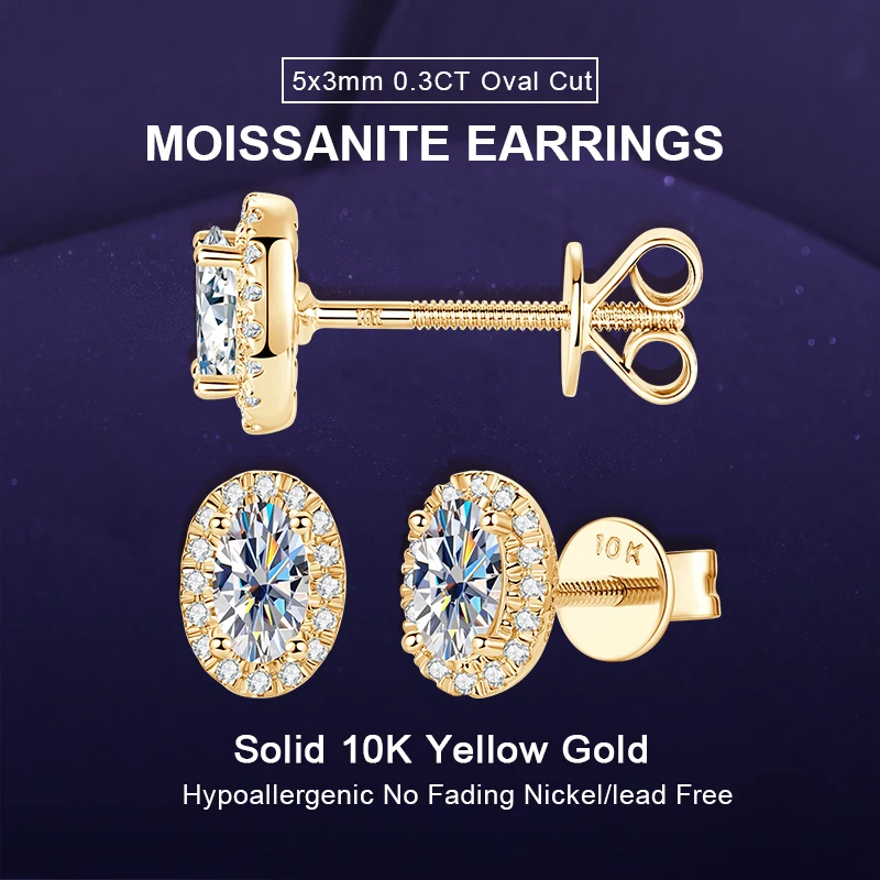 IOGOU Real Gold 10k 5x3mm 0.3CT Oval Cut Moissanite Halo Stud Earrings for Women Men Wedding Engagement Gold Jewelry 2025 Trend