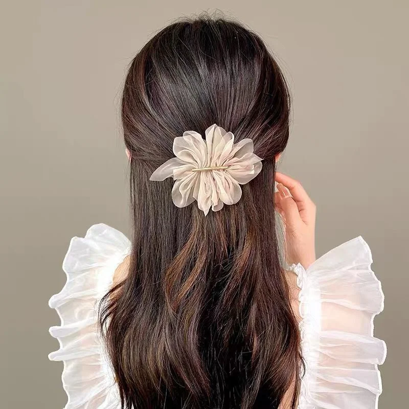 Temperament Chiffon Flower Hairpin Female Summer Back Beige Head Horsetail Clips Headdress Accessories Gold Spring Clip Clamps