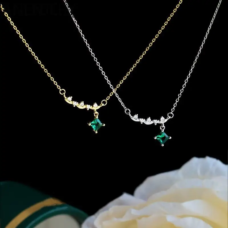 ANENJERY Emerald Zircon Arc Necklace for Women Vintage Simple Light Luxury Collarbone Chain Jewelry collares para mujer