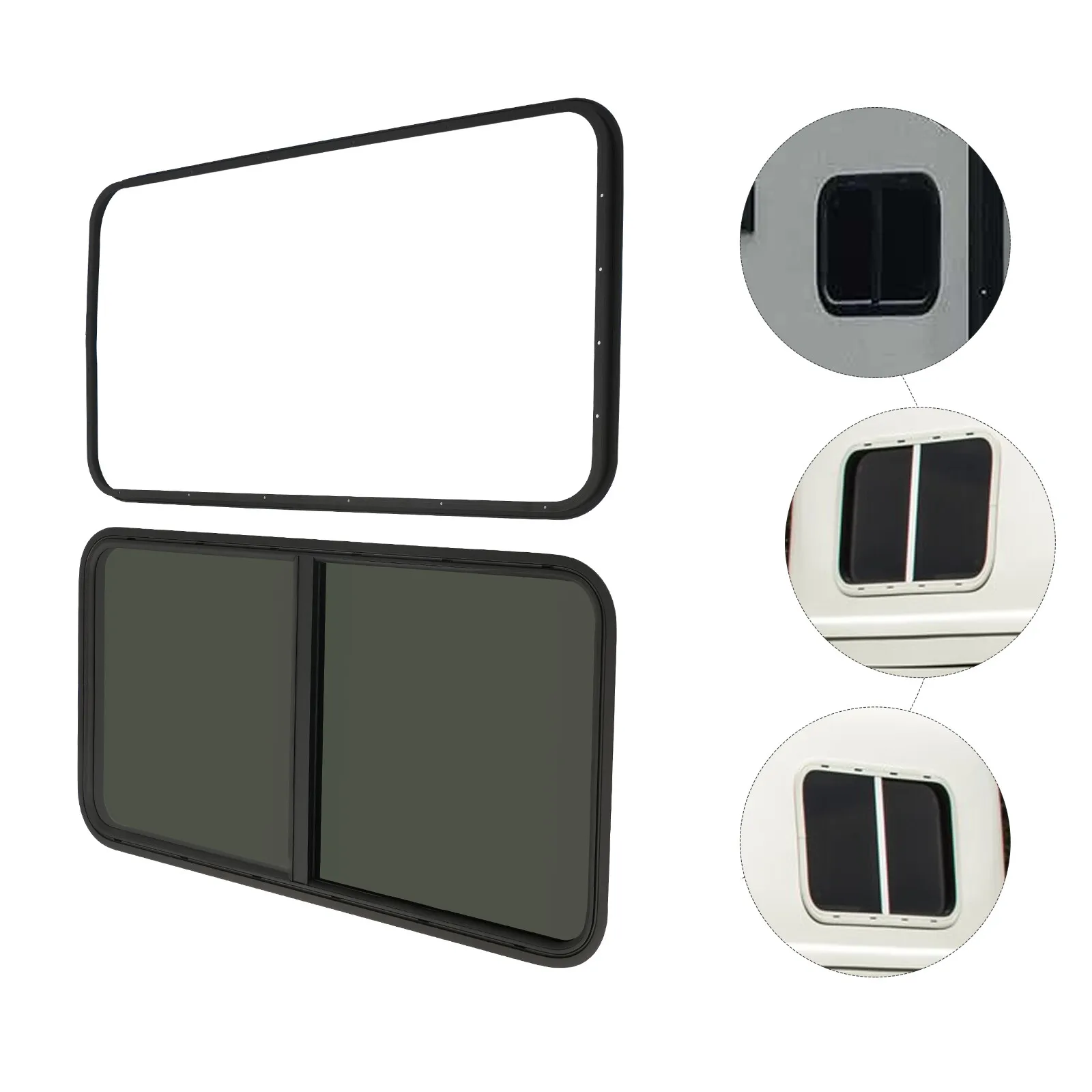 

24"x20" RV Horizontal Sliding Privacy Window with Mounting Trim Ring Set Waterproof Dustproof UV-Proof Tempered Black Glass