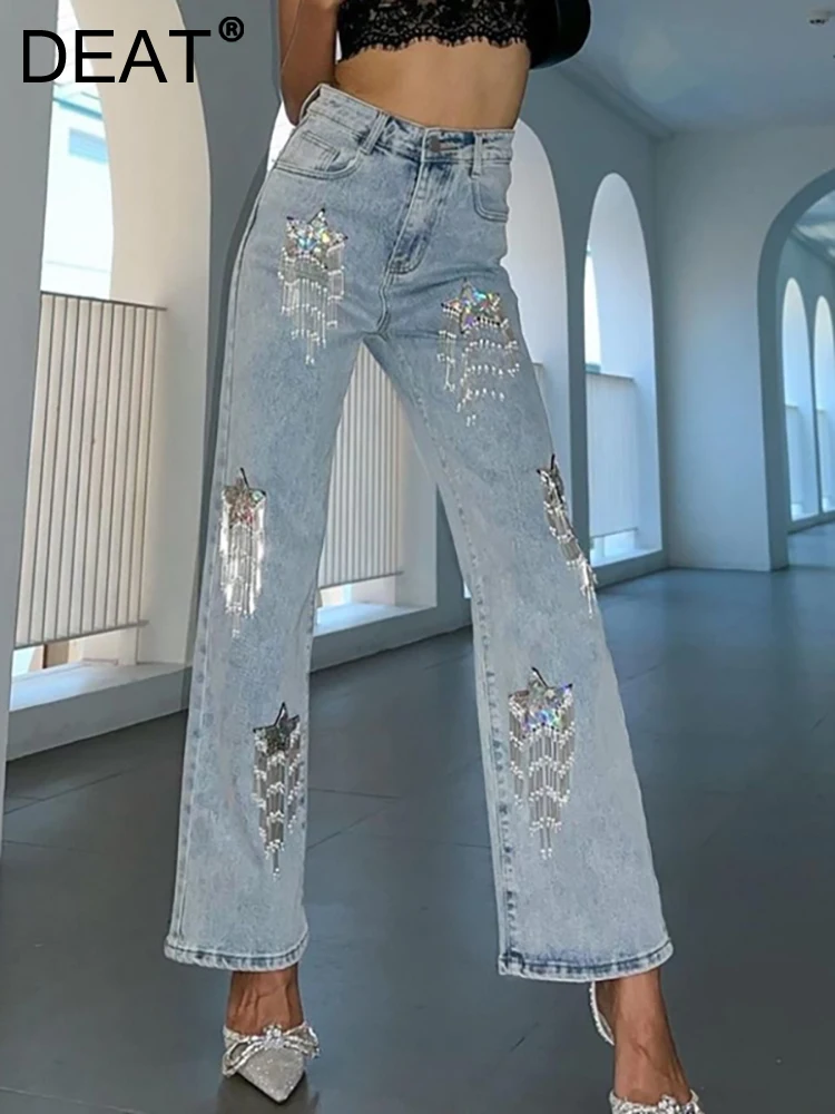 

DEAT Women's Jeans High Waist Stars Sequins Tassel Light Blue Embroidered Flares Denim Pants 2024 Autumn New Fashion 29L2971