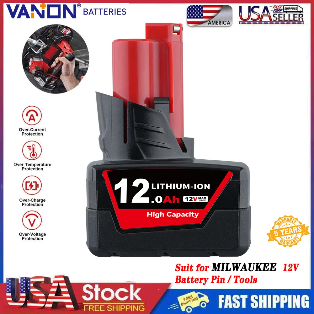 

VANON 12Ah Li-on Replace for Milwaukee 12V Battery Pin Compatible with Milwaukee M12 48-11-2401 48-11-2402 Cordless Power Tools
