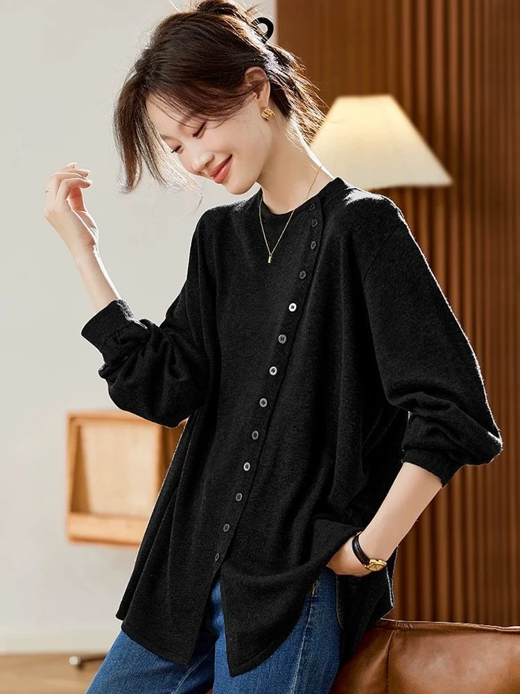 قميص نسائي حراري فضفاض، نسيج ناعم ودافئ، جذاب متوسط الطول، كاجوال بأكمام طويلة، طبقة أساسية لخريف وشتاء