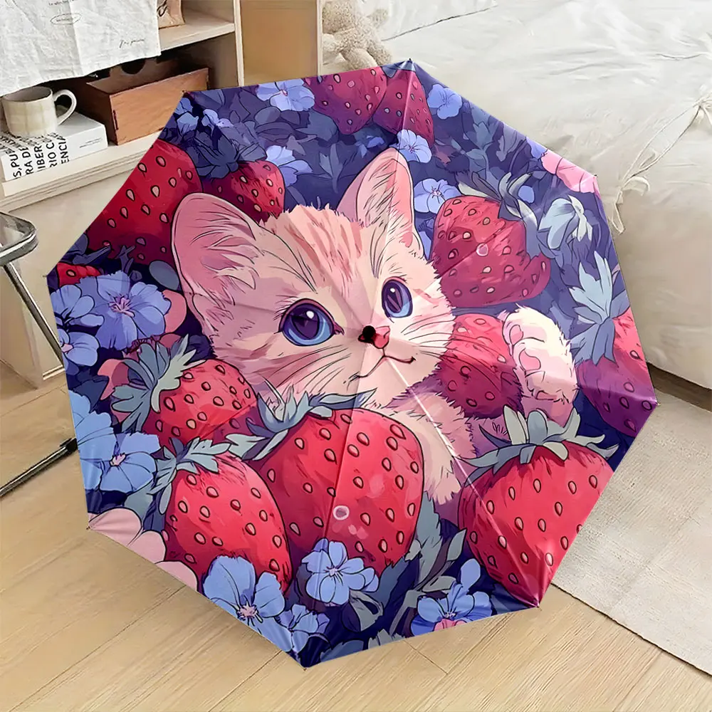 1PC Adorable Cat and Strawberry Design Umbrella Print 8 Iron Ribs Folding Umbrella Auto-Open Fashion Sunshade