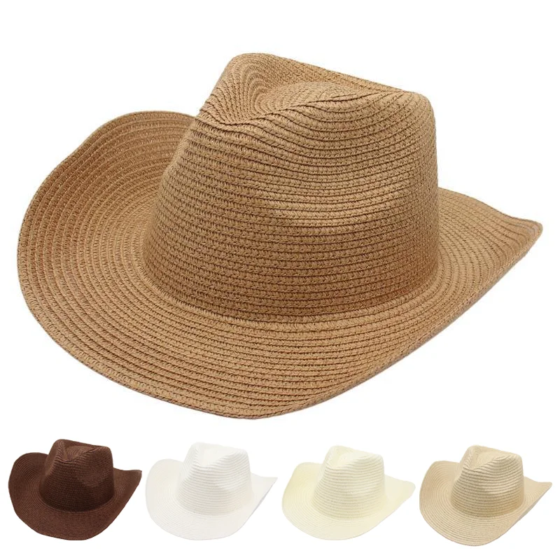 

Panama Style Cowboy Straw Hat – Breathable Rolled Brim Summer Outdoor Sun Hat for Beach Travel, Woven Solid Color Western Hat