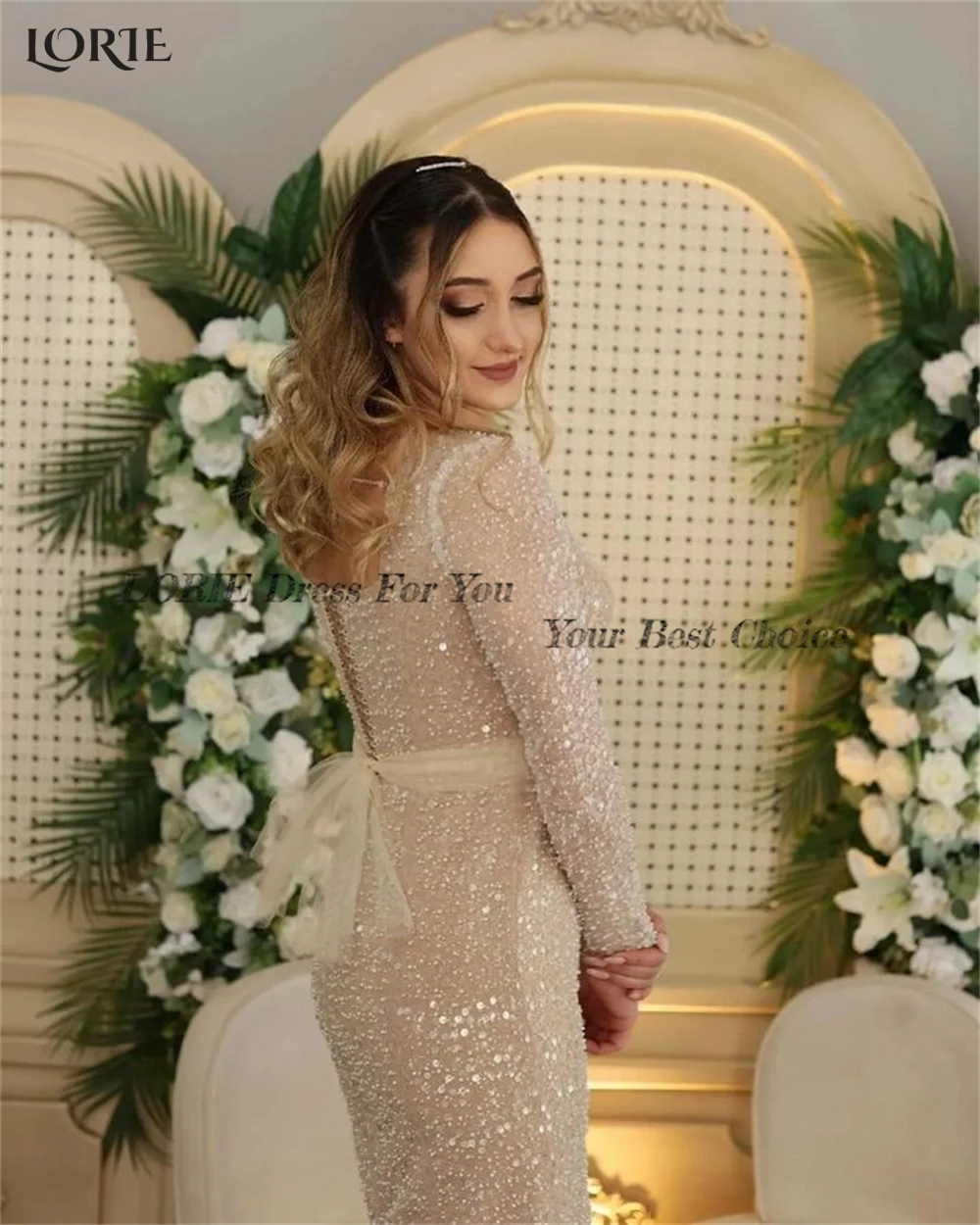 LORIE Elegant Glitter Mermaid Evening Dresses Sparkly Square Collar Long Sleeves Celebrity Dress Belt Bow Tea Length Party Gowns