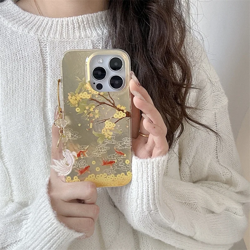 money tree goldfish lucky charm Pendant Phone case For iPhone 16 15 14 13 Pro Max Case Cute Luxury Chinese style Cartoon Cover