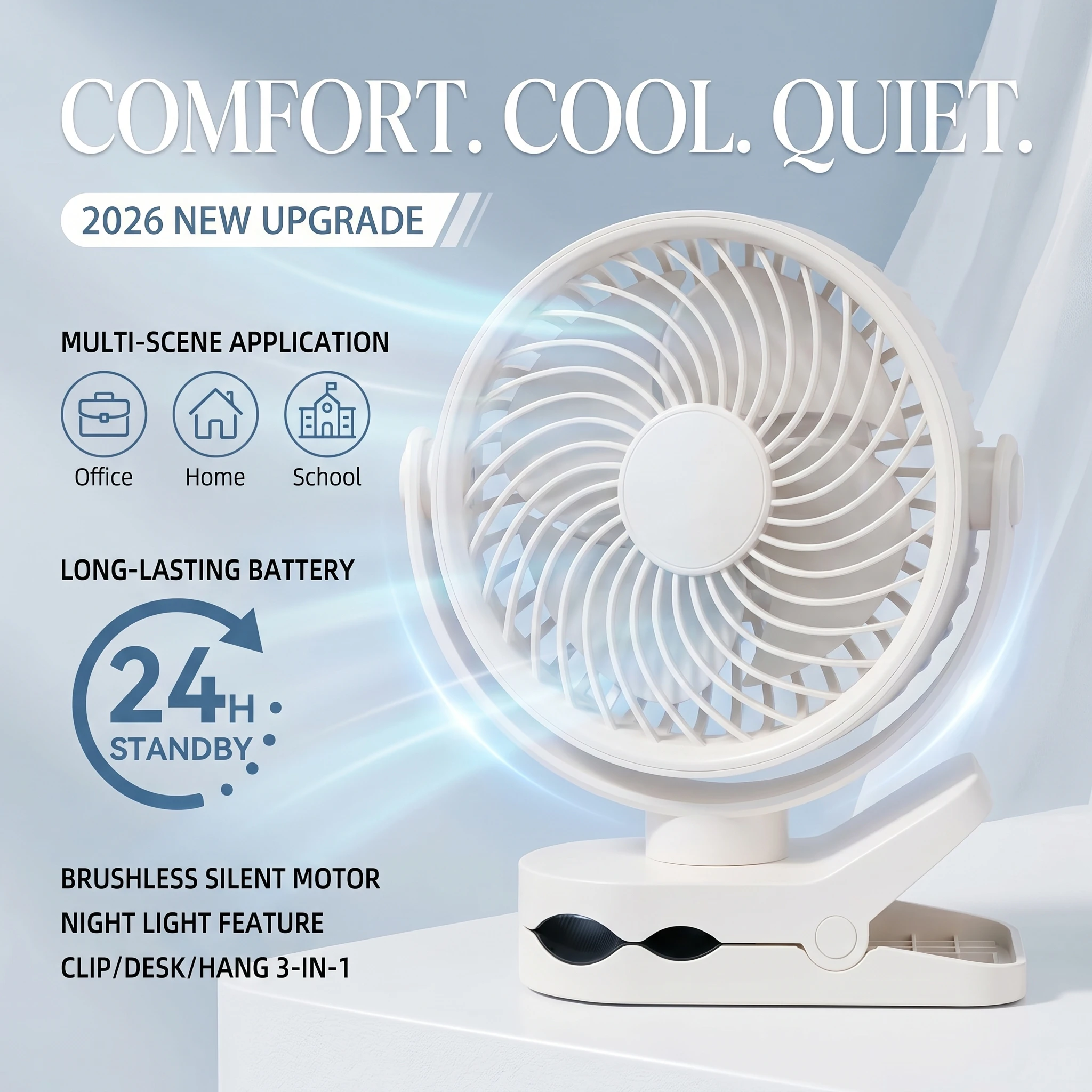 

2026 New Upgrade Wall-mounted Rechargeable Clip-on Silent Small Fan 360 ° Rotation Portable Desktop Fan With 3 Speeds Suitable