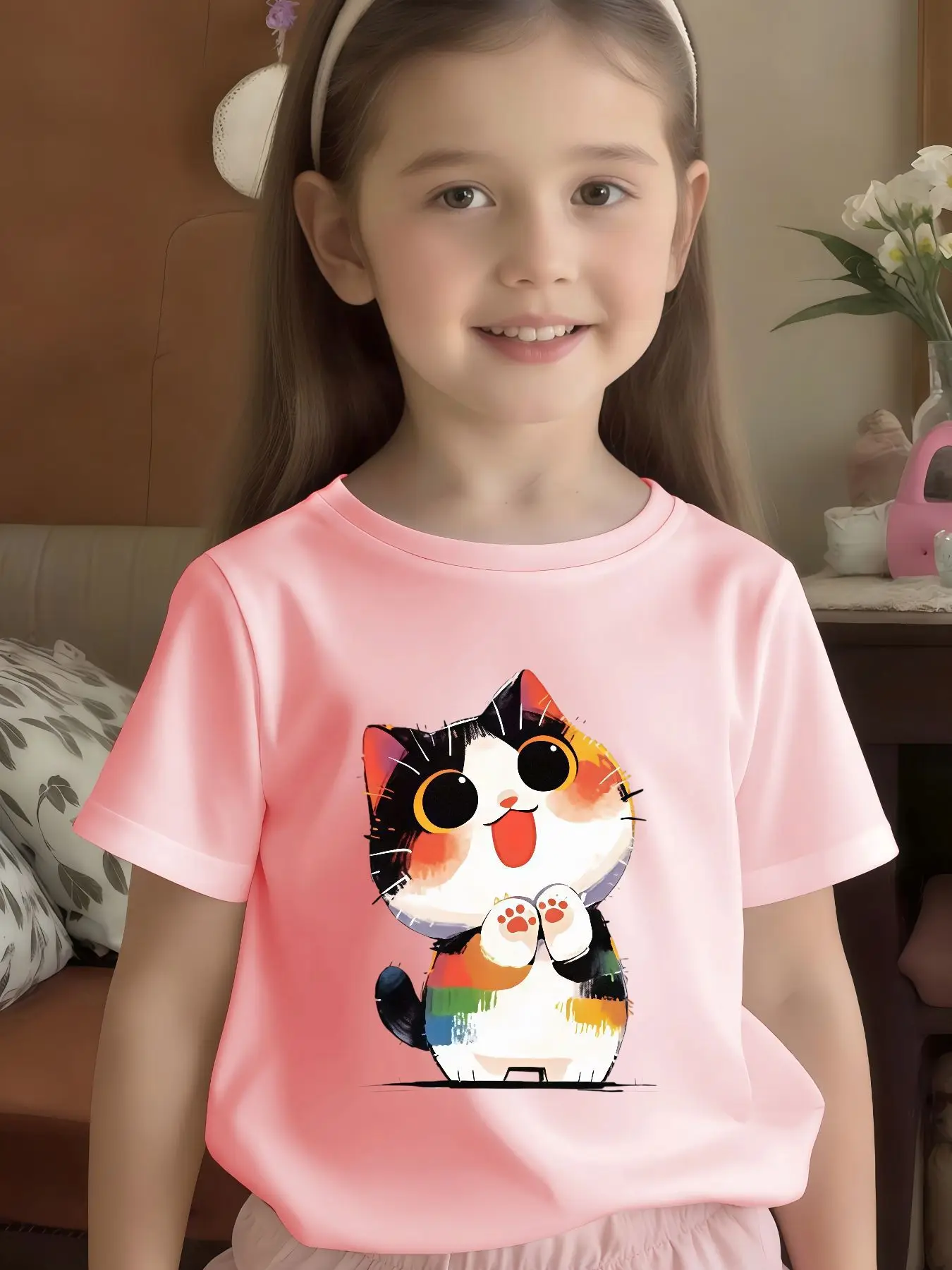Cute Colorful Kitten Print Kids T Shirt Boys Girls Parent Child Summer Soft Breathable Skin Friendly Children Daily Basic Tee