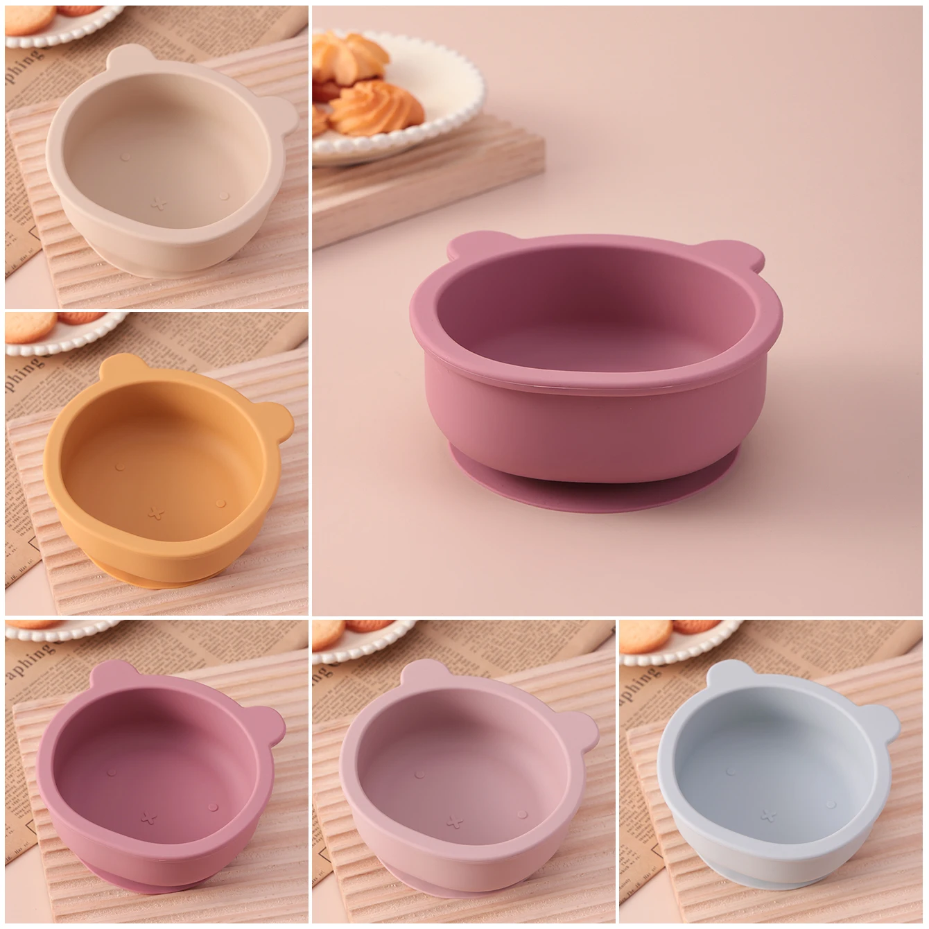 

Цветная детская силиконовая миска с мультяшным медведем, набор для самостоятельного кормления для малышей, присоска, без BPA, все необходимое для отлучения ребенка