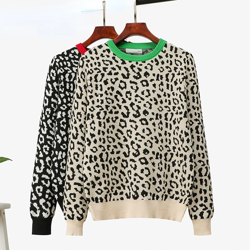 Jersey de punto para mujer, suéter coreano de gran tamaño, lana, leopardo, Jacquard, Otoño e Invierno