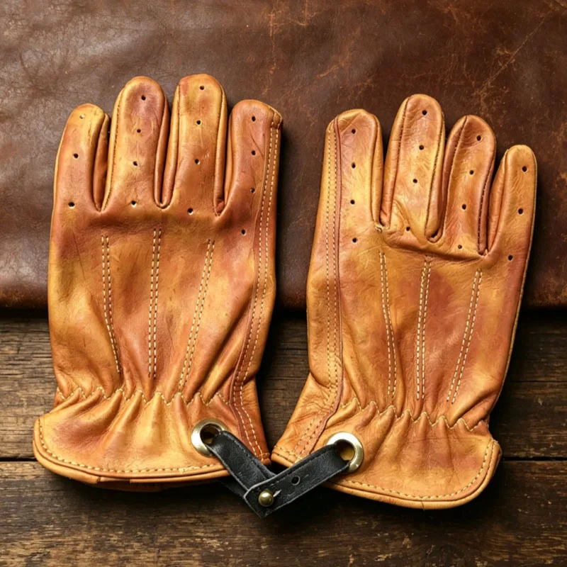 Vintage Handmade Leather Gloves with Detachable Hanging Strap, Retro Style Portable Gloves for Motorcycle & Daily Use