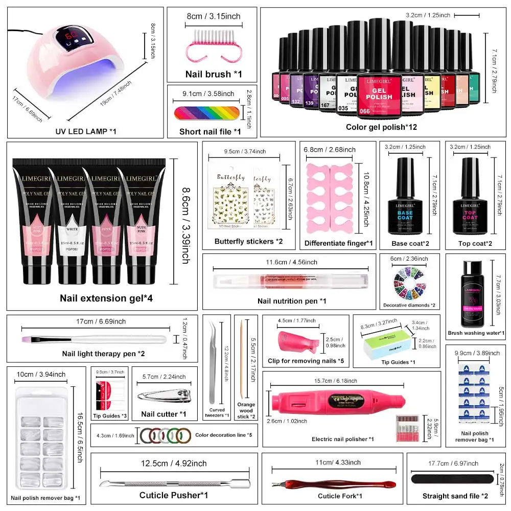 Limegirl-Kit de uñas, secador de uñas, Kit de barniz de Gel semipermanente para extensión de uñas, juego de herramientas de remojo para uñas, Kit de Gel de uñas de polietileno