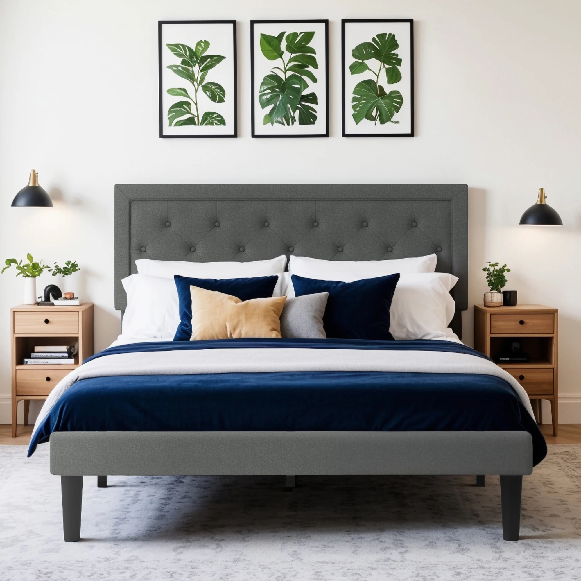 

HOOMIC Upholstered Platform Bed Frame with Adjustable Modern Button Tufted Linen Fabric Headboard, No Box Spring Needed Allewie