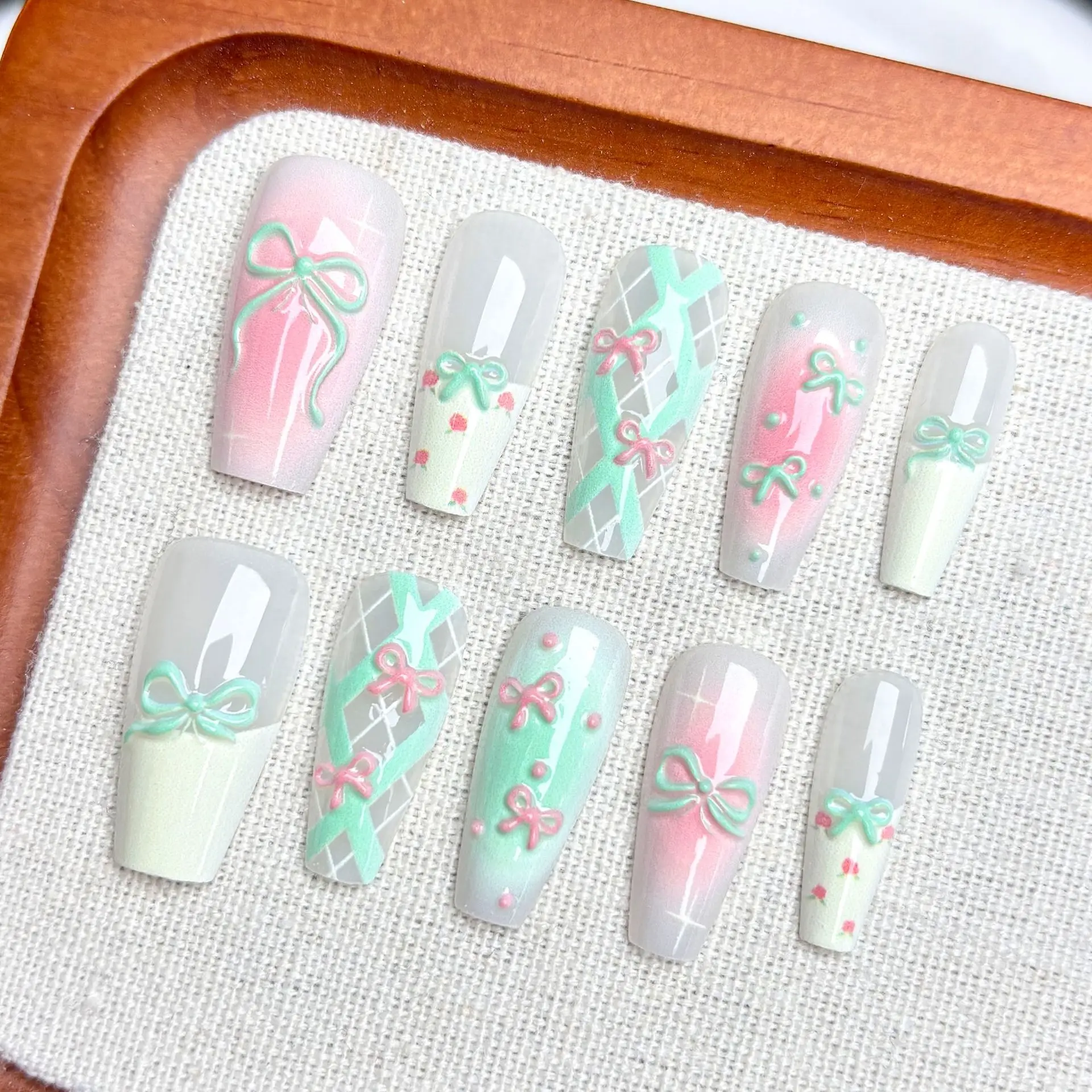 10pcs Pink Green Bowknot Handmade Wearable Nails Summer Macaron French Nail Art Sweet Cute Dreamy Long Girls Fake Nails Tips