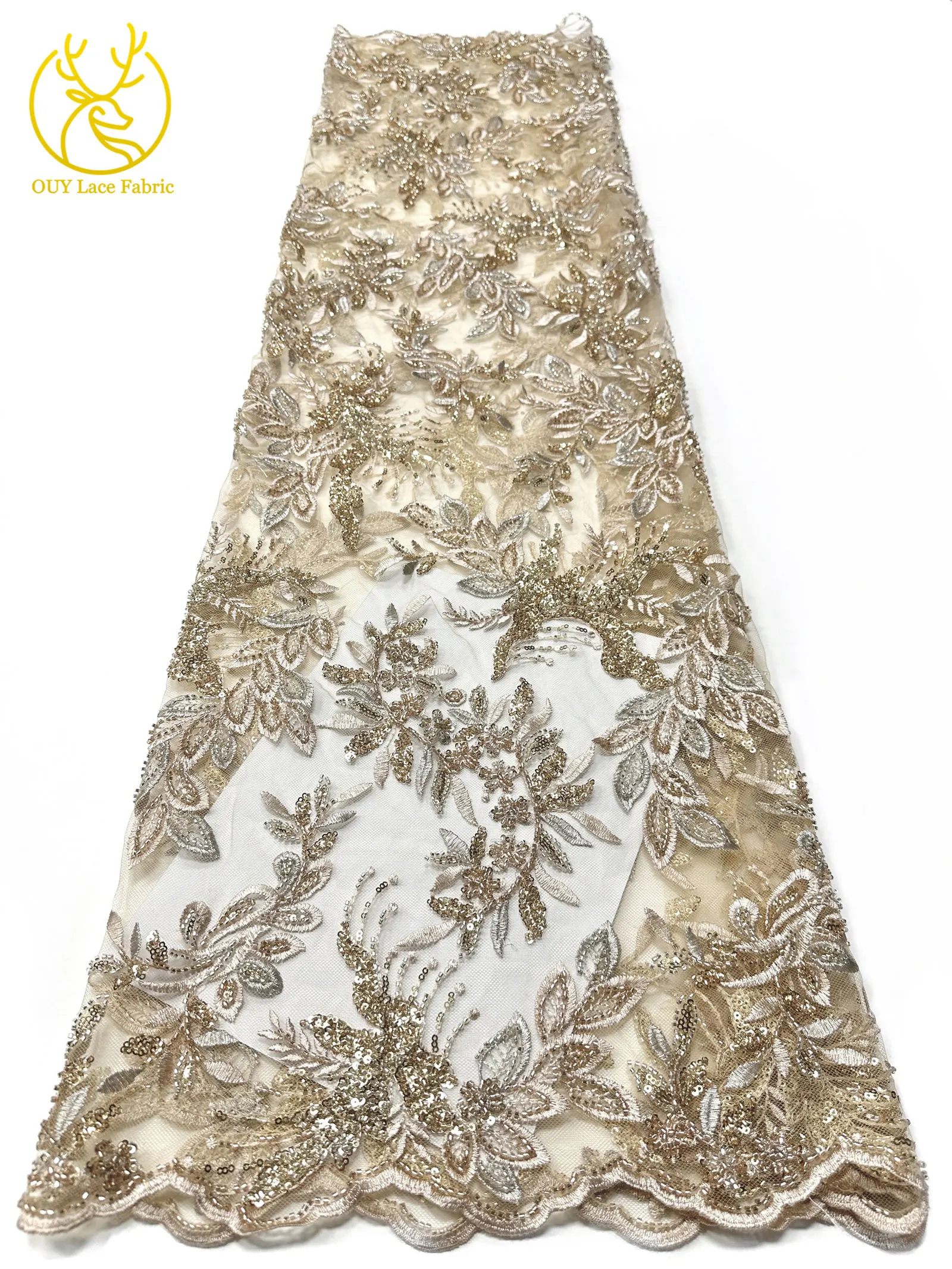 Eleganter afrikanischer Perlen-Stickerei-Spitzenstoff, 5 Yards, nigerianische französische Pailletten-Tüllspitze für Damen, Partykleid, DIY-Nähen – Detail 9