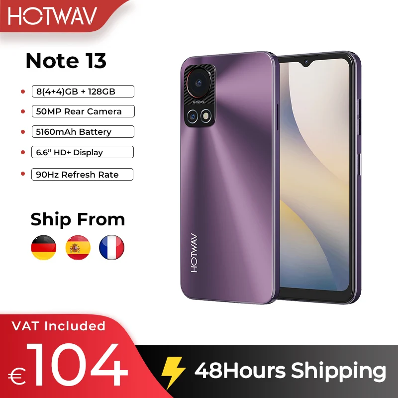 [Stock in EU] 2024 HOTWAV Note 13 Mobile Phones Android 13 6.6'' HD+ 90Hz 50MP Camera 5160mAh Battery 4GB +128GB Smartphones