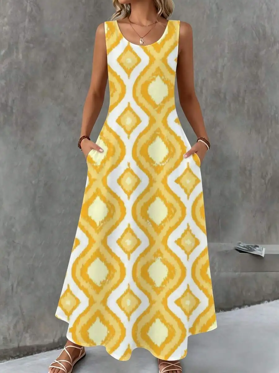 

Sleeveless Maxi Dress Yellow White Geometric Print Summer Beach Vacation Wear