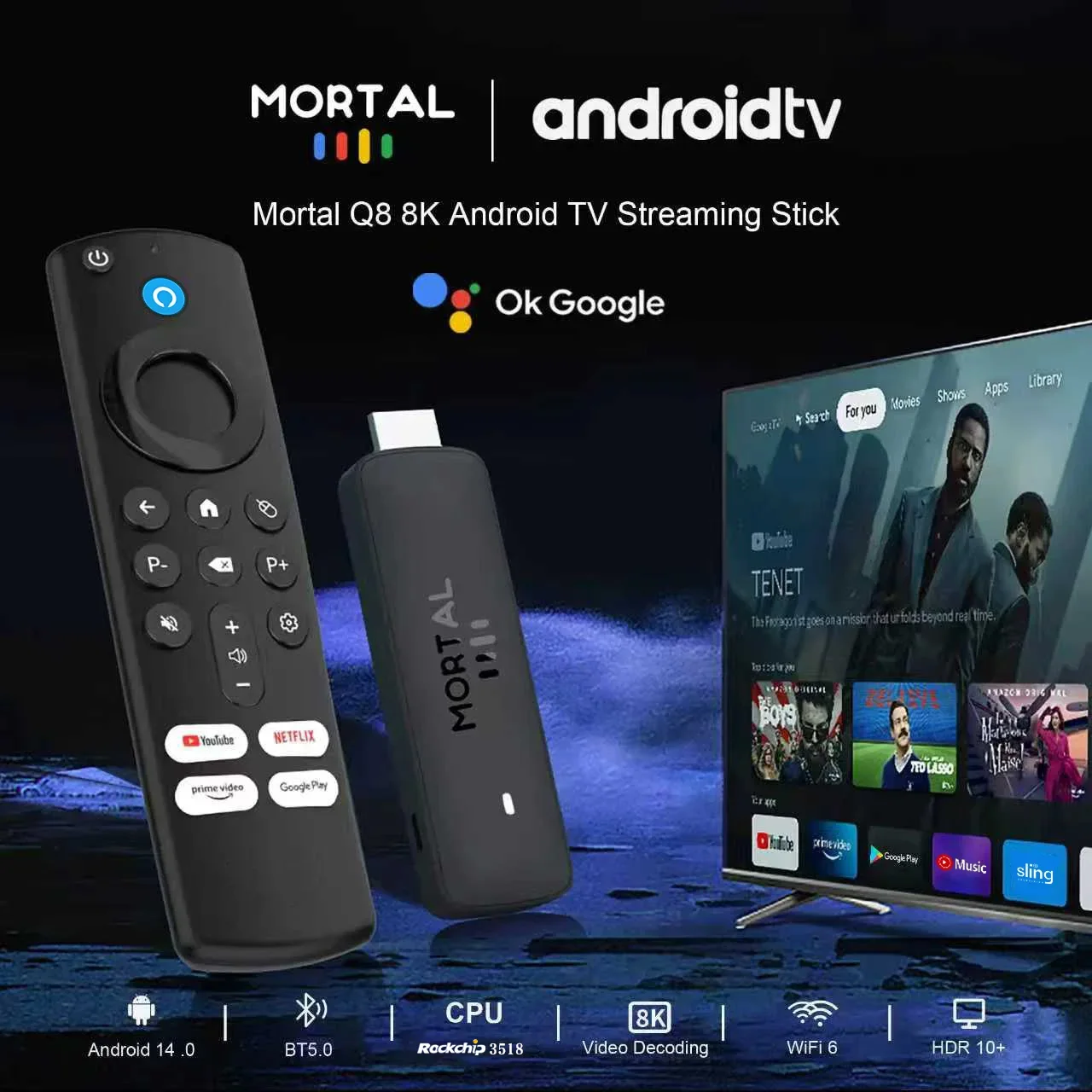Mortal Q8 Android14 TV-Stick WIFI6 Sprachsteuerung TV-Stick 8K-Video RK3518 Netflix YouTube TV-Box Kostenloses Live-TV-Streaming – Detail 1