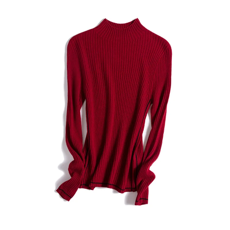 Birdtree 12G 100%Pure Cashmere Basic Undershirt Mock Neck Long Sleeve Stripe Seamless Warm Women Thin Sweater Winter T3D150QM