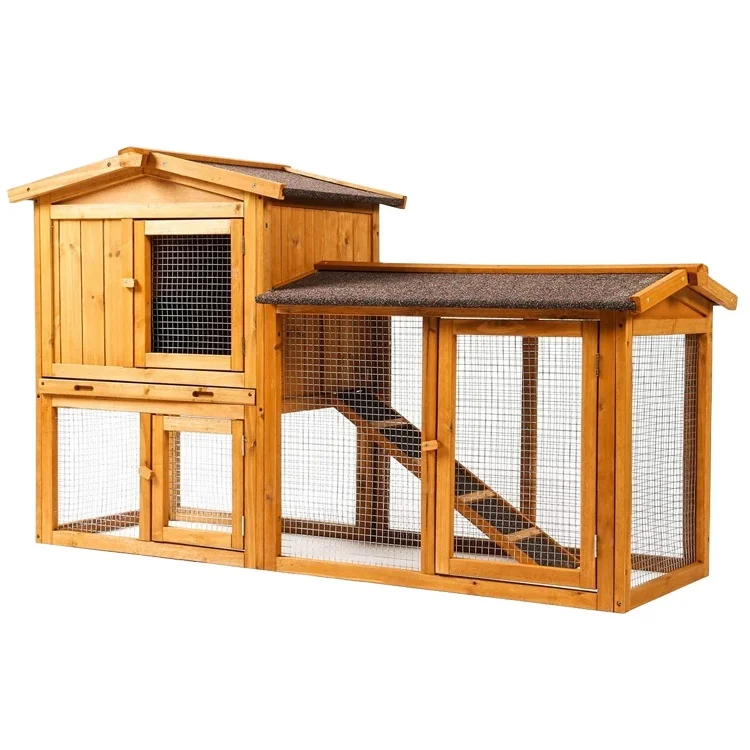 Large Wooden Outdoor Bunny Rabbit Hutch Hen Cage with Ventilation Door, Removable Tray & Ramp Garden Backyar