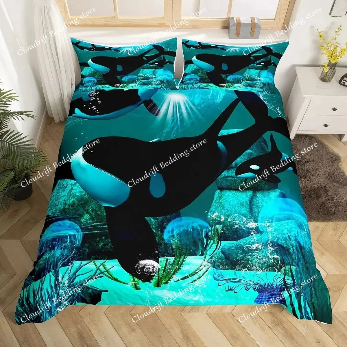 Whale Comforter Cover Twin Size,Ocean Theme Bedding Set For Kids,Nautical Sailing Quilt Set Ocean Duvet Set Ocean Decor