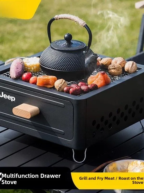 

Portable Outdoor Camping Charcoal BBQ Grill Square Yard Easy Cleaning Stainless Steel Body Picnic Stove Tea Cooking Fire Pit