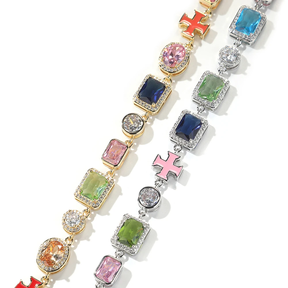 TBTK Iced Out Multicolor Green Blue Red Pink Black Gem Stone Enamel Cross Chain Necklace Big Gemstone Bracelet HipHop Jewelry