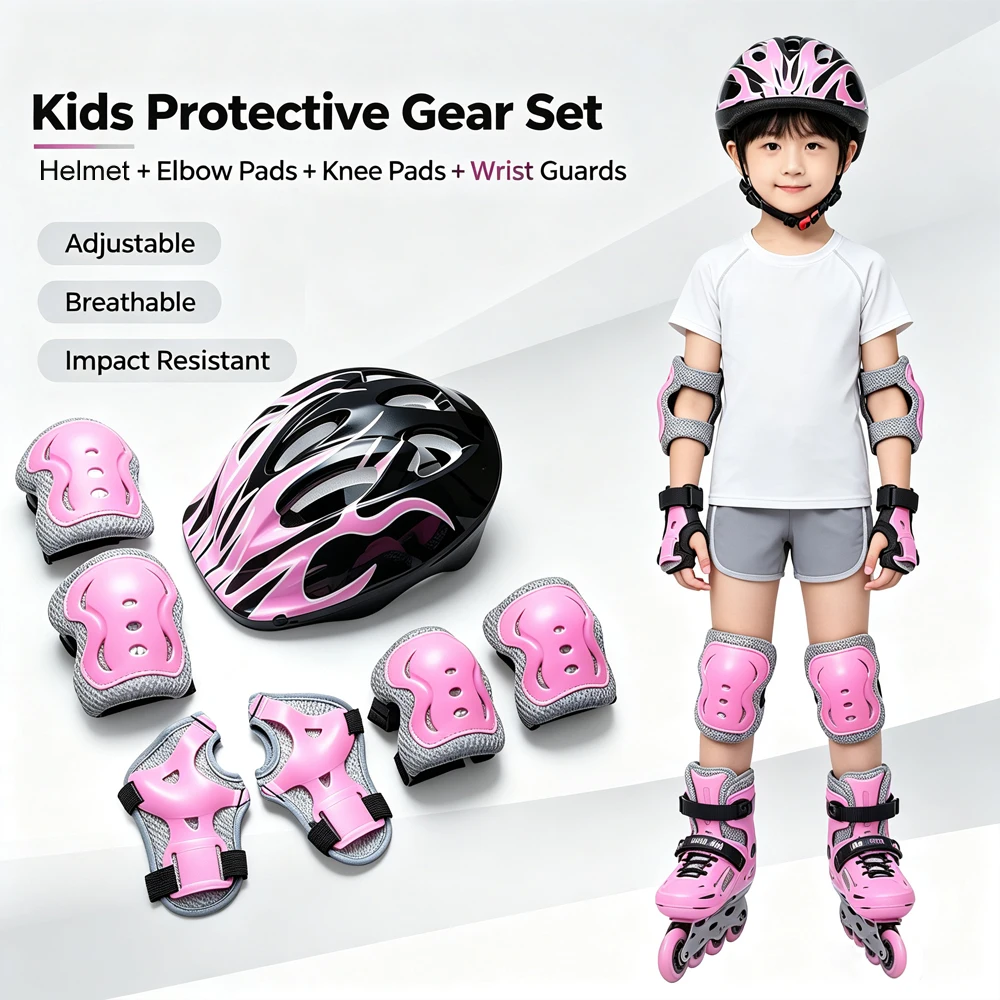 Complete 7-Piece Kids Safety Gear Set 3-10 Years Helmet And Pad for Skiing Skating Scooter Cycling Reliable Protection for Boys
