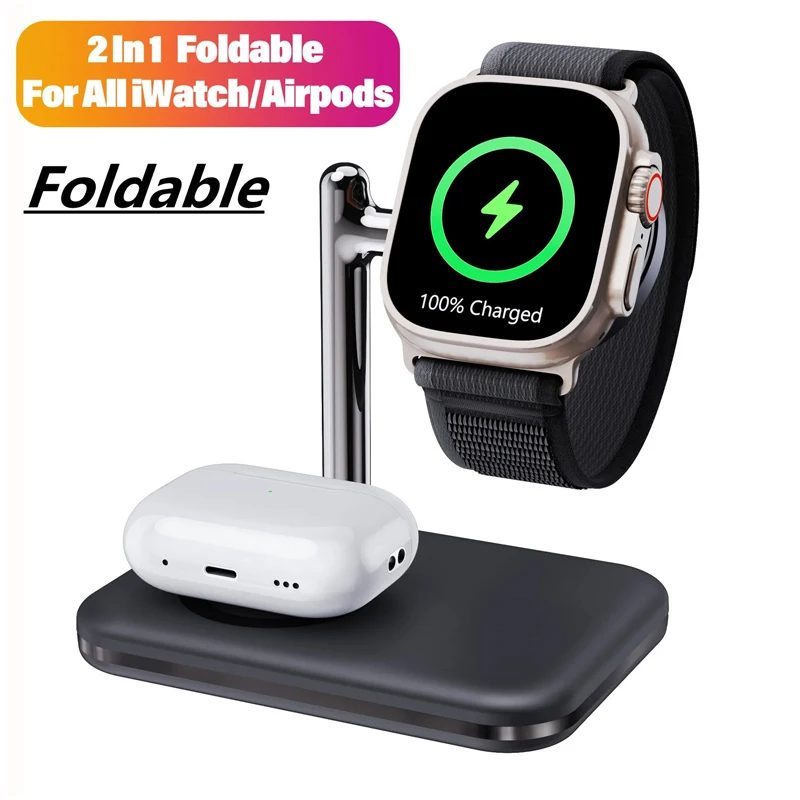 2 In 1 Fast Magnetic Watch Wireless Charger Stand for Apple Watch 1-9 SE Ultra IWatch Airpods Pro Portable Charging Dock Station