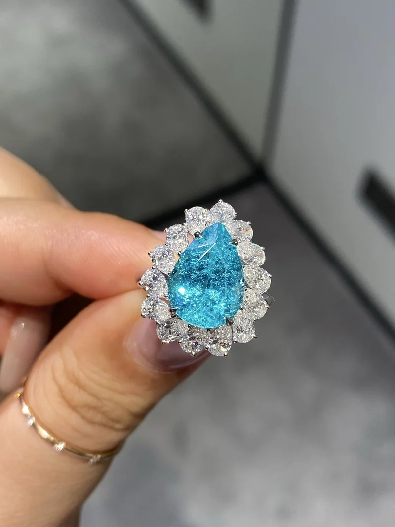 Ruif Luxury Customized Platinum About 9ct Lab Grown Yag  Paraiba Tourmaline Ring Women Wedding Bridal Jewelry