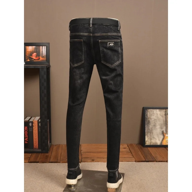 Pantalones vaqueros de terciopelo negro para hombre, Jeans suaves y cómodos, elásticos, ajustados, lavados, informales, Otoño e Invierno