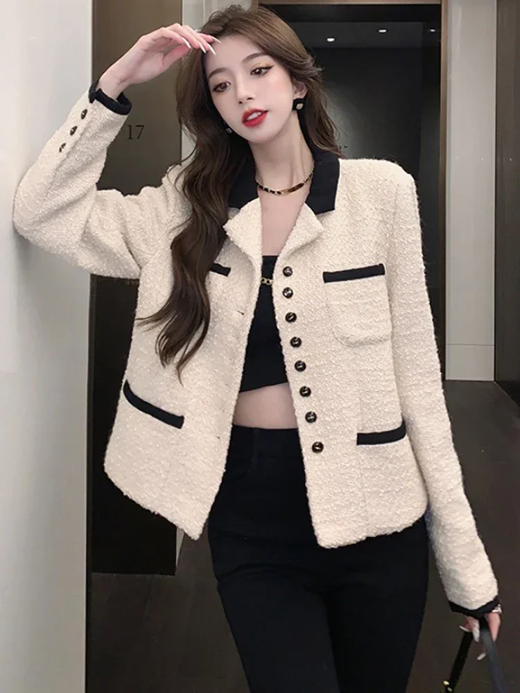 

Insozkdg French Style Shoulder Pad Women Suit Jacket Spring Autumn High-end Cardigan Top 2024 New Office Lady Short Suit Blazer