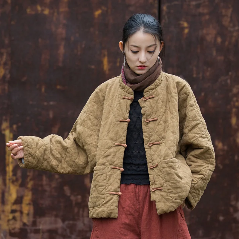 Female Autumn Winter Tops Coat Cotton-padded Clothes Lingge Frog Retro Simple Loose Comfortable Fashion Minority Versatile Thin