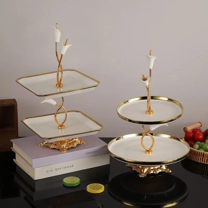 Luxury Two Layer Ceramic Fruit Dessert Display Rack Snack Tray Light Luxury Retro Style Home Living Room Decor