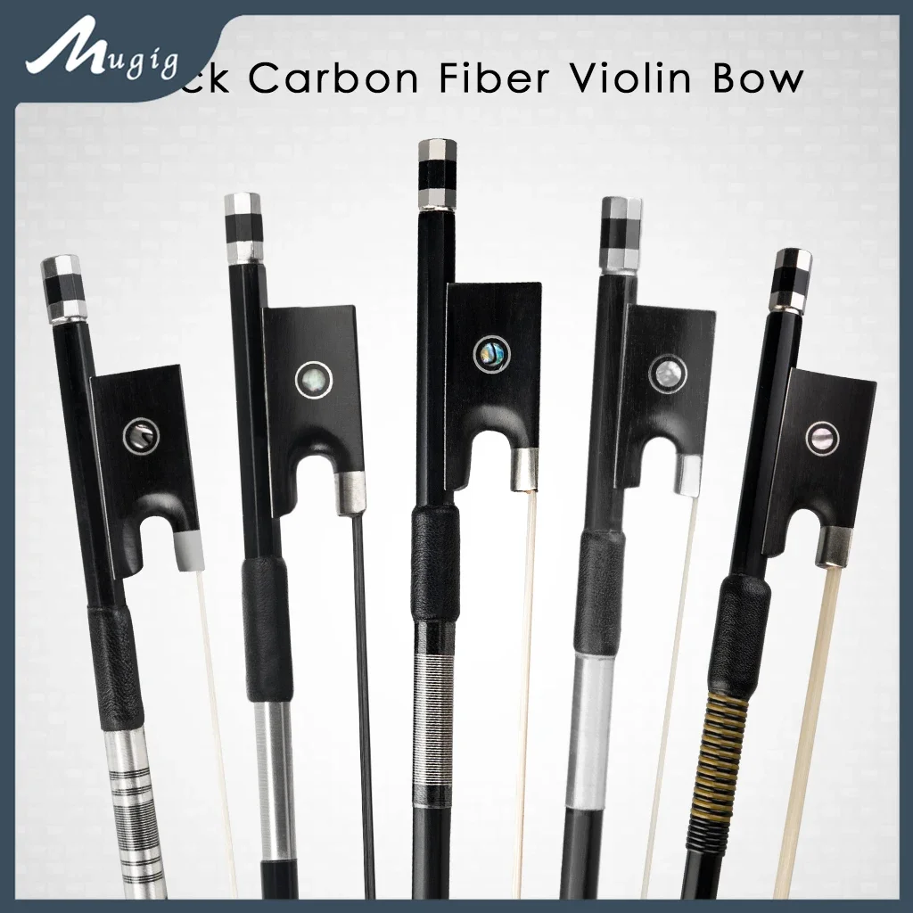 Mugig 4/4 Full Size Black Carbon Fiber Violin Bow White/Black Mongolia Horse Hair Round Stick Paris Eye Ebony Forg Fast Response